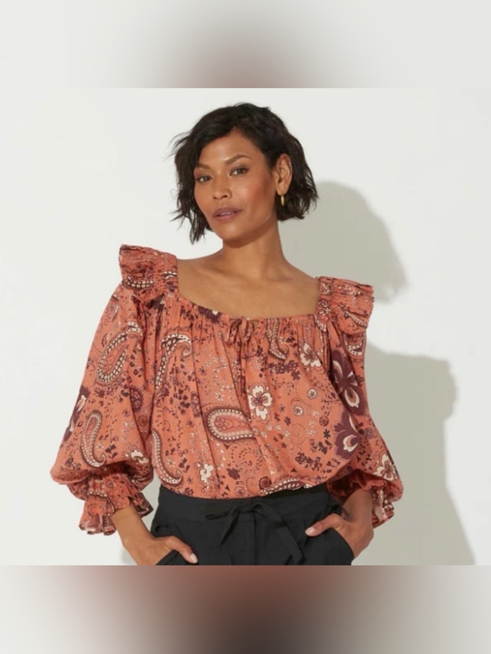 Cleobella Neve Rust Paisley Square-Neck Ruffle top size Small